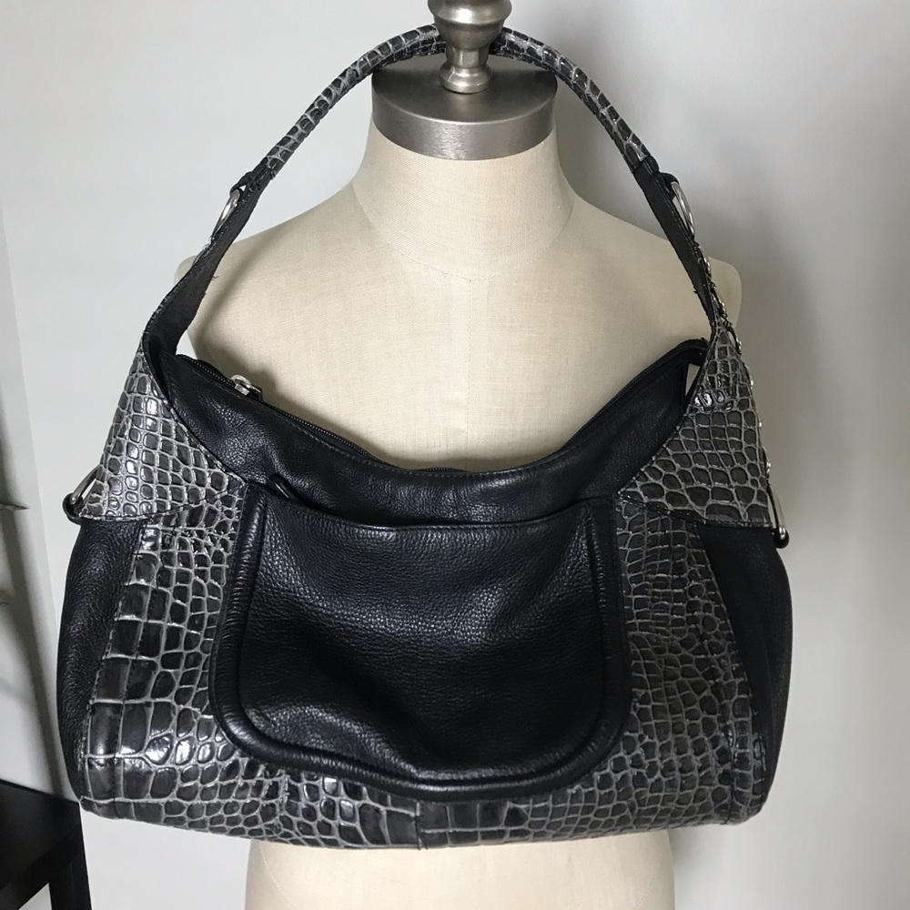 Charlie Lapson black leather bag with  faux grey alligator and metal hardware